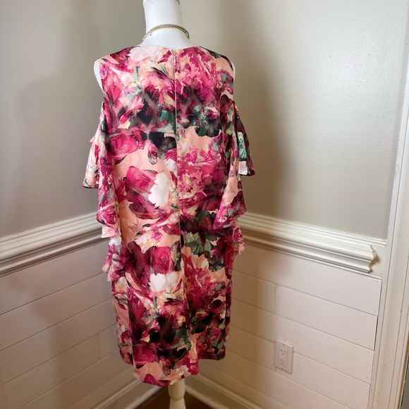 Tahari Floral Print Ruffled Cold Shoulder Dress 14 FREE SHIP - Picture 3 of 6